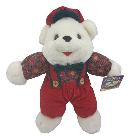 Vintage DanDee 1996 Holiday Bear 15" White Red Cap Overalls Christmas Plush - Picture 1 of 8